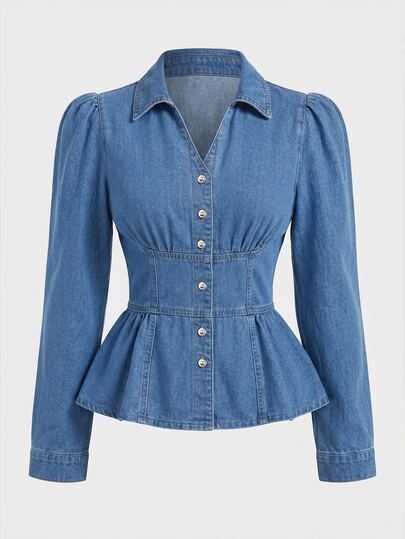 GlowEve Women's Puff Long Sleeve Single-Breasted Casual Denim Jacket