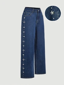 Sweetra Sweet Cool Style Side Large & Small Pearl Star Pattern Denim Jeans, Vintage High Waist Drapey Loose Straight Leg Wide Leg Pants - Dark Wash - View 1