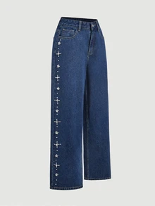 Sweetra Sweet Cool Style Side Large & Small Pearl Star Pattern Denim Jeans, Vintage High Waist Drapey Loose Straight Leg Wide Leg Pants - Dark Wash - View 5