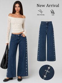 Sweetra Sweet Cool Style Side Large & Small Pearl Star Pattern Denim Jeans, Vintage High Waist Drapey Loose Straight Leg Wide Leg Pants - Dark Wash - View 2