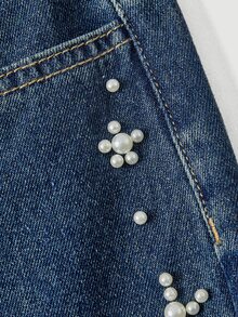 Sweetra Sweet Cool Style Side Large & Small Pearl Star Pattern Denim Jeans, Vintage High Waist Drapey Loose Straight Leg Wide Leg Pants - Dark Wash - View 7