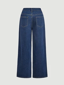Sweetra Sweet Cool Style Side Large & Small Pearl Star Pattern Denim Jeans, Vintage High Waist Drapey Loose Straight Leg Wide Leg Pants - Dark Wash - View 3