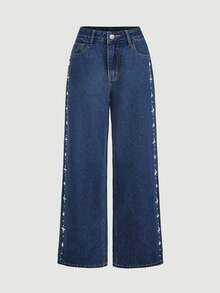 Sweetra Sweet Cool Style Side Large & Small Pearl Star Pattern Denim Jeans, Vintage High Waist Drapey Loose Straight Leg Wide Leg Pants - Dark Wash - View 6