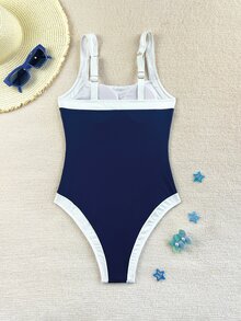 Costavie 2026 春夏女款厚肩帶可調節海軍藍+白色拼接優雅修身一件式比基尼泳衣 - 彩色 - 查看 4