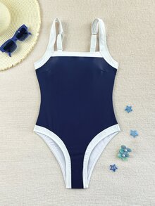 Costavie 2026 春夏女款厚肩帶可調節海軍藍+白色拼接優雅修身一件式比基尼泳衣 - 彩色 - 查看 2