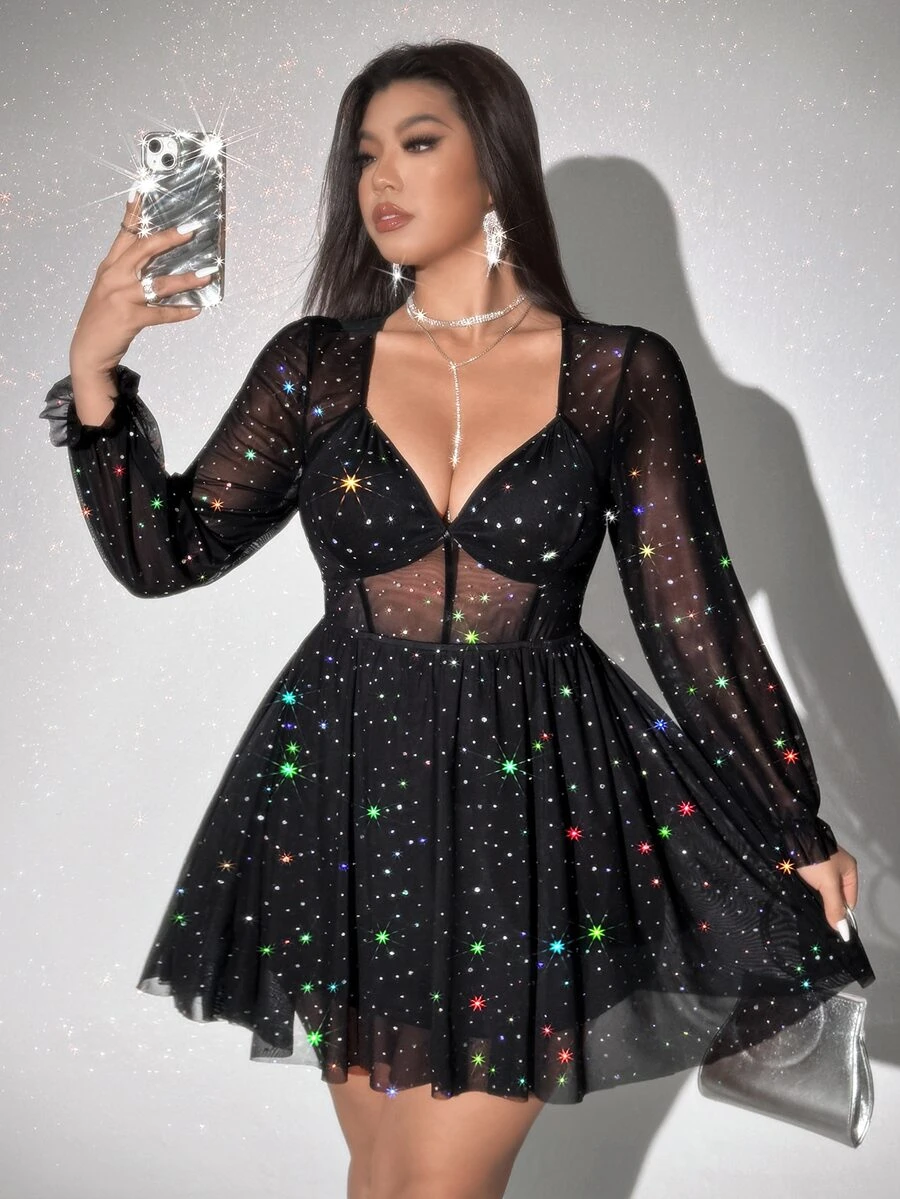 Viva Relle Plus Size Women's Sexy V-Neck Long Sleeve A-Line Mini Bodycon Dress, Suitable For Party And Valentine's Day Fall - Black - View 1