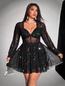 Viva Relle Plus Size Women's Sexy V-Neck Long Sleeve A-Line Mini Bodycon Dress, Suitable For Party And Valentine's Day Fall - Black - View 4