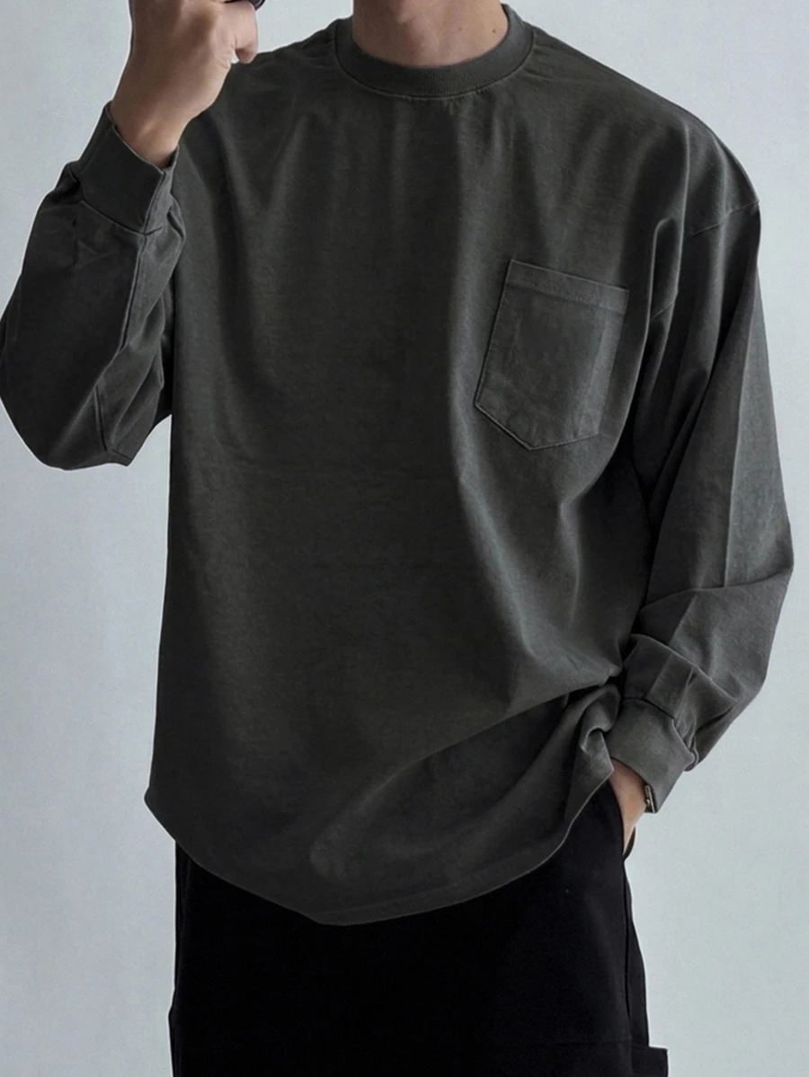 DAZY Men's Long Sleeve Thin Spring/Autumn Grey T-Shirt With Cuffed Sleeves And Chest Pocket Design - Dark Grey - View 1