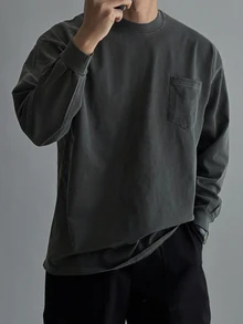 DAZY Men's Long Sleeve Thin Spring/Autumn Grey T-Shirt With Cuffed Sleeves And Chest Pocket Design - Dark Grey - View 7