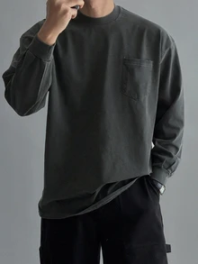 DAZY Men's Long Sleeve Thin Spring/Autumn Grey T-Shirt With Cuffed Sleeves And Chest Pocket Design - Dark Grey - View 5