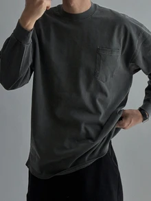 DAZY Men's Long Sleeve Thin Spring/Autumn Grey T-Shirt With Cuffed Sleeves And Chest Pocket Design - Dark Grey - View 6