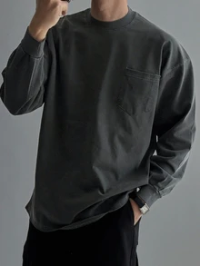 DAZY Men's Long Sleeve Thin Spring/Autumn Grey T-Shirt With Cuffed Sleeves And Chest Pocket Design - Dark Grey - View 4