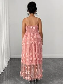 EMERY ROSE 女款細肩帶網紗刺繡極簡優雅修身大碼長洋裝，粉色花卉夏季婚禮派對正式禮服 - 粉色 - 查看 3