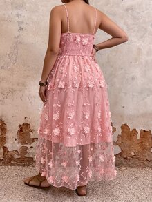 EMERY ROSE 女款細肩帶網紗刺繡極簡優雅修身大碼長洋裝，粉色花卉夏季婚禮派對正式禮服 - 粉色 - 查看 5