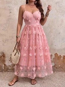 EMERY ROSE 女款細肩帶網紗刺繡極簡優雅修身大碼長洋裝，粉色花卉夏季婚禮派對正式禮服 - 粉色 - 查看 6