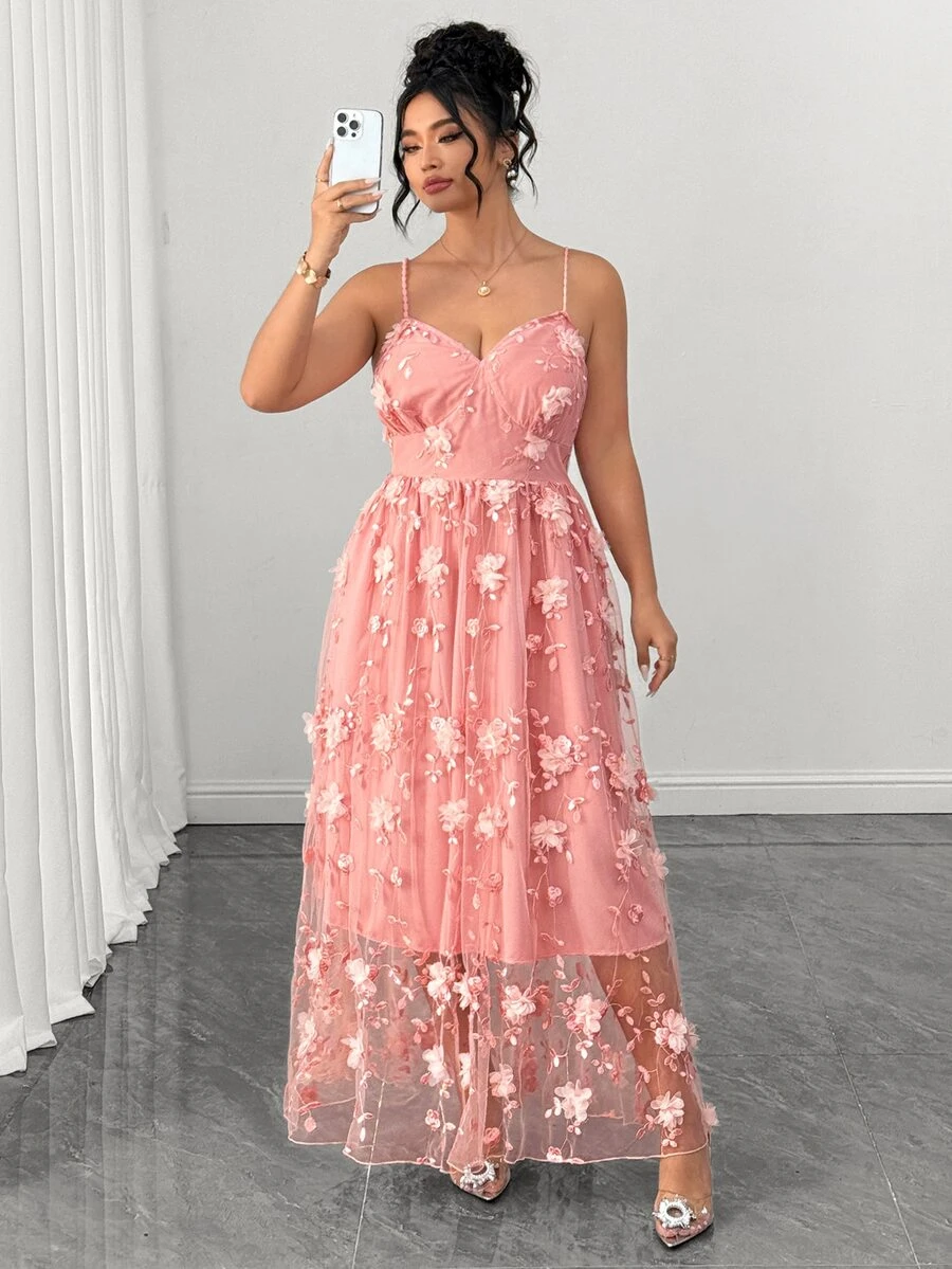 EMERY ROSE Women's Spaghetti Strap Mesh Embroidered Minimalist Elegant Slim Fit Plus Size Maxi Dress Wedding Party Formal Pink Floral Summer - Pink - View 1