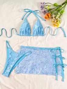 Swim SXY 3pcs Women Floral Sequin Bikini Set, Tie-Up Backless Swimwear For Spring/Summer Beach - Baby Blue - View 3