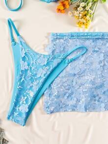Swim SXY 3pcs Women Floral Sequin Bikini Set, Tie-Up Backless Swimwear For Spring/Summer Beach - Baby Blue - View 5