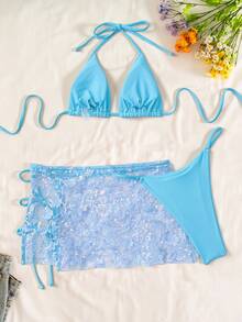 Swim SXY 3pcs Women Floral Sequin Bikini Set, Tie-Up Backless Swimwear For Spring/Summer Beach - Baby Blue - View 4