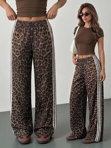 SHEIN PETITE Women's Leopard Print Striped Street Fashion Long Pants - Brown - View 1