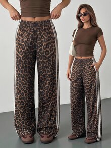SHEIN PETITE Women's Leopard Print Striped Street Fashion Long Pants - Brown - View 14