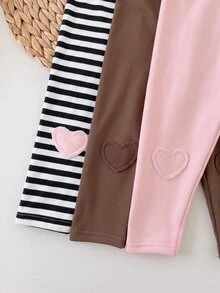 SHEIN 3件組女嬰可愛修身針織純色愛心圖案鬆緊腰長褲 - 彩色 - 查看 4