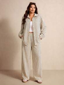 Elaquor Plus Size Textured Striped Vacation Single-Breasted Long Sleeve Shirt And Pocket Trousers 2 Pieces Set Fall/Winter Casual Office Business Work Sets - Khaki - View 6