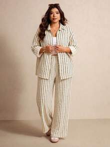 Elaquor Plus Size Textured Striped Vacation Single-Breasted Long Sleeve Shirt And Pocket Trousers 2 Pieces Set Fall/Winter Casual Office Business Work Sets - Khaki - View 4