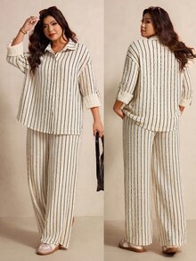 Elaquor Plus Size Textured Striped Vacation Single-Breasted Long Sleeve Shirt And Pocket Trousers 2 Pieces Set Fall/Winter Casual Office Business Work Sets - Khaki - View 8