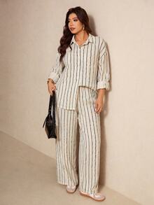Elaquor Plus Size Textured Striped Vacation Single-Breasted Long Sleeve Shirt And Pocket Trousers 2 Pieces Set Fall/Winter Casual Office Business Work Sets - Khaki - View 5