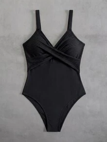 Swim Vcay 加大码黑色罗纹面料连体泳衣，纯黑色拼接设计，圆领，适合夏季海滩度假。 - 黑色 - 查看 4