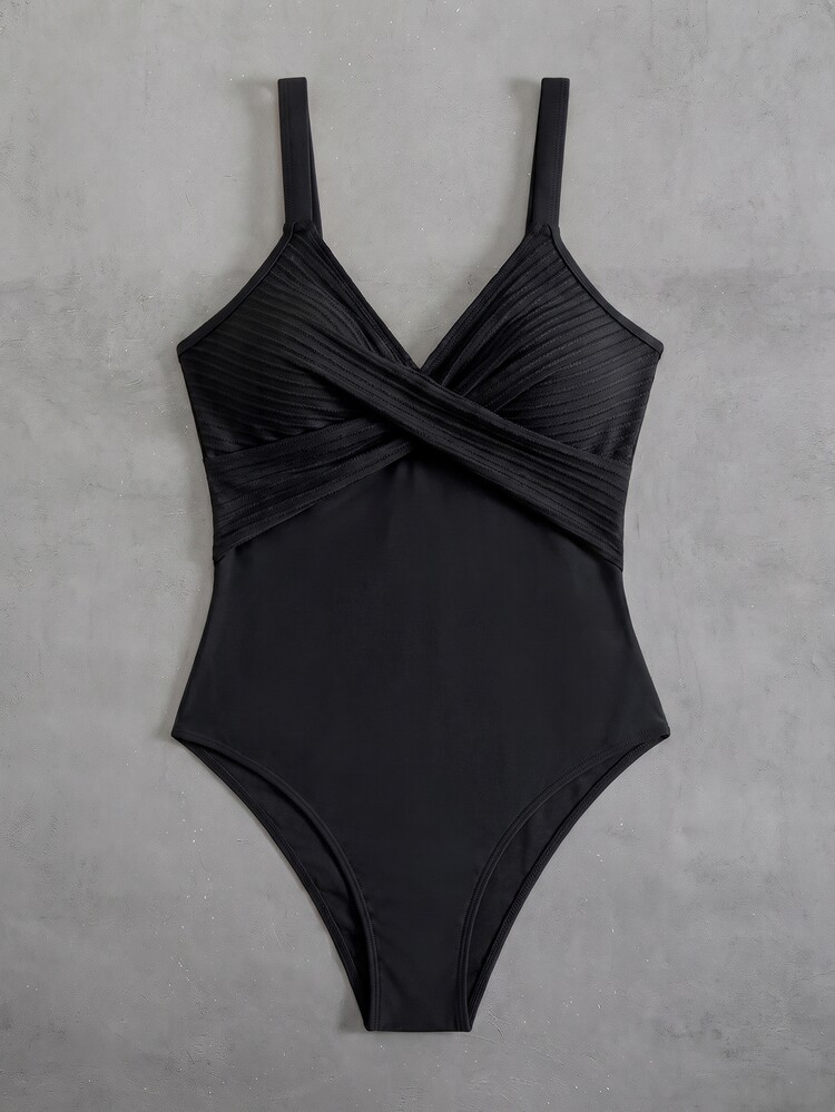 Swim Vcay Plus Size One-Piece Black Ribbed Texture Fabric With Solid Black Splice Design Scoop Neck Women Swimsuit, Suitable For Summer Beach And Vacation - Black - View 4