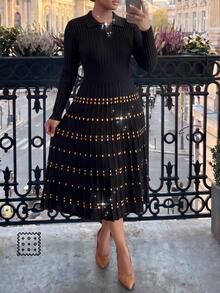 SHEIN Lady CURVE Plus Size Vintage Jacquard Button Half-Placket Long Sleeve Knit Dress - Black - View 1