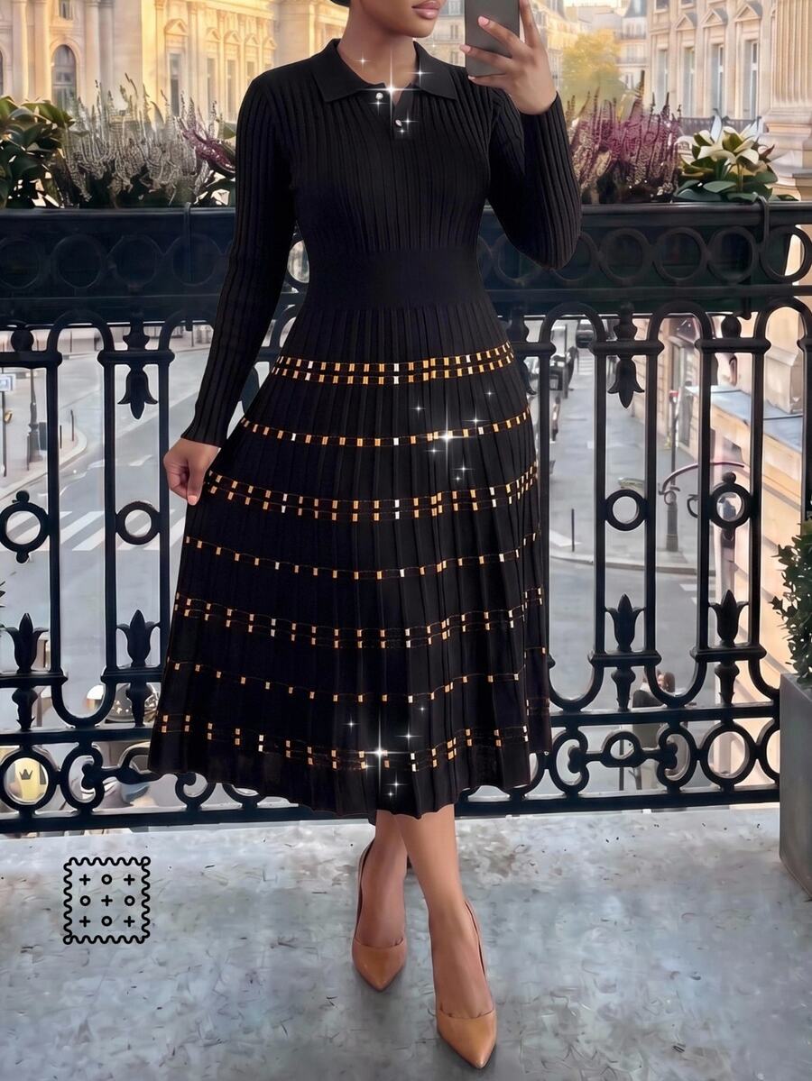 SHEIN Lady CURVE Plus Size Vintage Jacquard Button Half-Placket Long Sleeve Knit Dress - Black - View 1