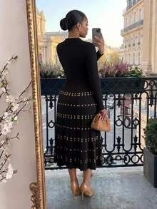 SHEIN Lady CURVE Plus Size Vintage Jacquard Button Half-Placket Long Sleeve Knit Dress - Black - View 2