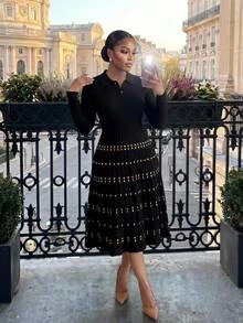 SHEIN Lady CURVE Plus Size Vintage Jacquard Button Half-Placket Long Sleeve Knit Dress - Black - View 5
