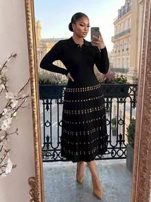 SHEIN Lady CURVE Plus Size Vintage Jacquard Button Half-Placket Long Sleeve Knit Dress - Black - View 3