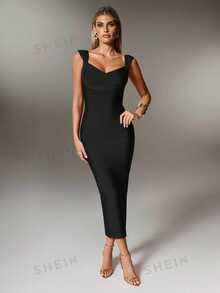 Nuvra Women's Fitted Waist Ribbed Knit Burgundy Midi Bodycon Party Dress - Black - View 6