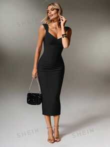 Nuvra Women's Fitted Waist Ribbed Knit Burgundy Midi Bodycon Party Dress - Black - View 5