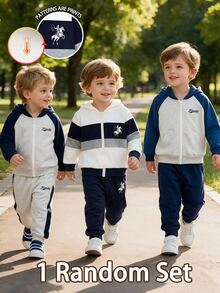 2pcs Young Boys Outerwear Sets Sporty Navy White Grey Colorblock Horse Loose Hooded Zip Up Fleece Lined Autumn Winter School Coat,1 Random Set - Multicolor - View 6