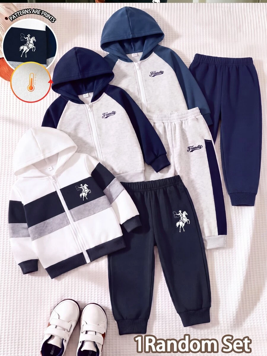 2pcs Young Boys Outerwear Sets Sporty Navy White Grey Colorblock Horse Loose Hooded Zip Up Fleece Lined Autumn Winter School Coat,1 Random Set - Multicolor - View 1