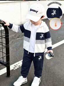 2pcs Young Boys Outerwear Sets Sporty Navy White Grey Colorblock Horse Loose Hooded Zip Up Fleece Lined Autumn Winter School Coat,1 Random Set - Multicolor - View 4
