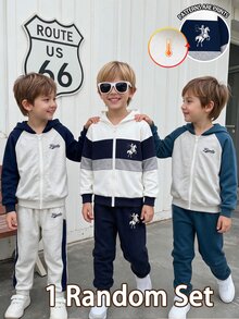 2pcs Young Boys Outerwear Sets Sporty Navy White Grey Colorblock Horse Loose Hooded Zip Up Fleece Lined Autumn Winter School Coat,1 Random Set - Multicolor - View 5