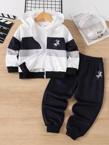 2pcs Young Boys Outerwear Sets Sporty Navy White Grey Colorblock Horse Loose Hooded Zip Up Fleece Lined Autumn Winter School Coat,1 Random Set - Multicolor - View 3