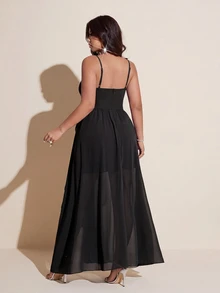 Viva Relle Plus Size Women's Elegant Romantic Party/Wedding Guest Lightweight Dress, Spaghetti Strap Chiffon Flowy Ruffle Hem High Slit Dress, Spring/Summer - Black - View 2