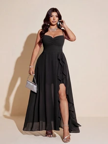 Viva Relle Plus Size Women's Elegant Romantic Party/Wedding Guest Lightweight Dress, Spaghetti Strap Chiffon Flowy Ruffle Hem High Slit Dress, Spring/Summer - Black - View 4