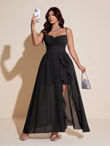Viva Relle Plus Size Women's Elegant Romantic Party/Wedding Guest Lightweight Dress, Spaghetti Strap Chiffon Flowy Ruffle Hem High Slit Dress, Spring/Summer - Black - View 1