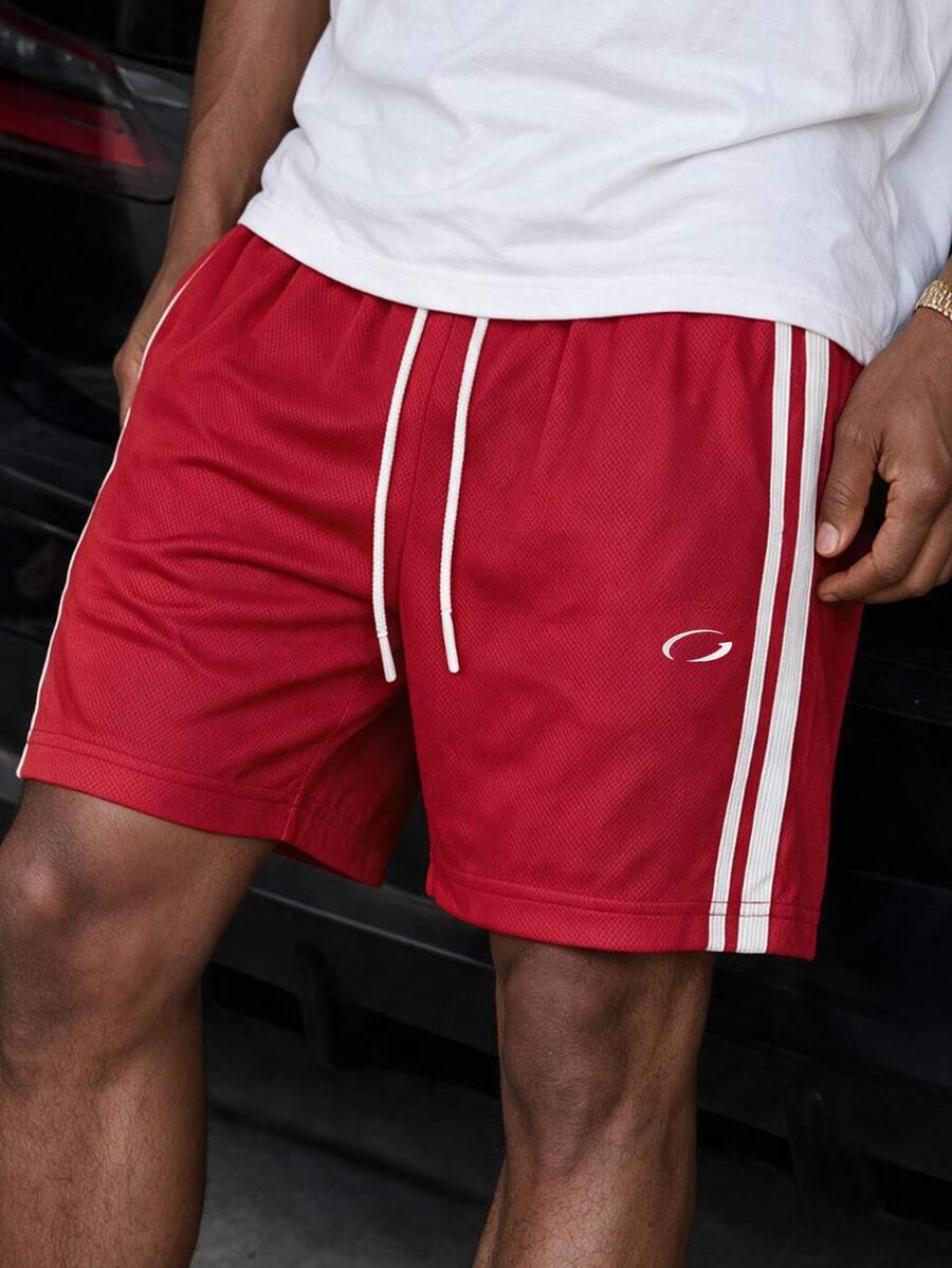 GETOML Men's Red Contrast Side Stripe Athletic Shorts, Drawstring Waist Sporty Summer, Football - Red - View 1