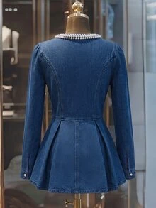 GlowEve Women's Elegant Beaded Denim Jacket, Autumn - Blue - View 2