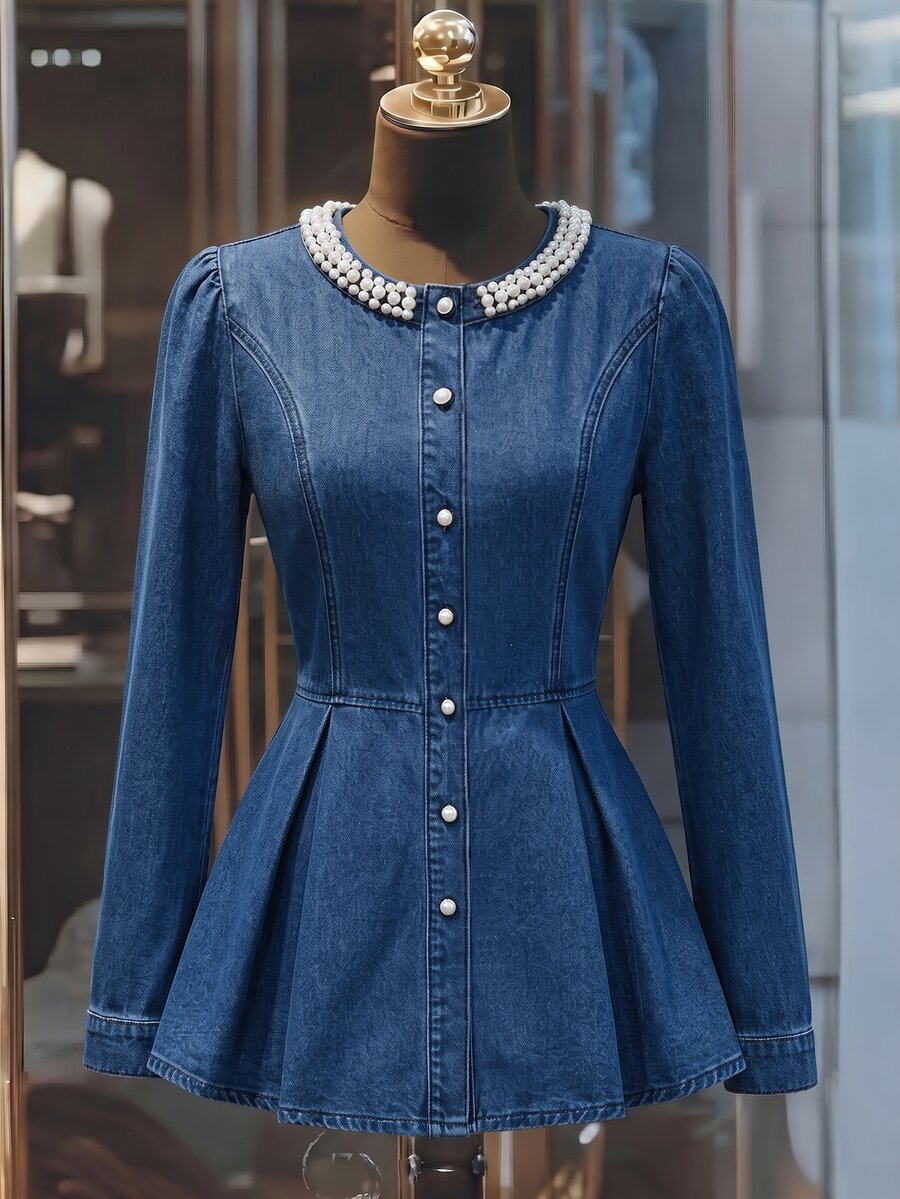 GlowEve Women's Elegant Beaded Denim Jacket, Autumn - Blue - View 1